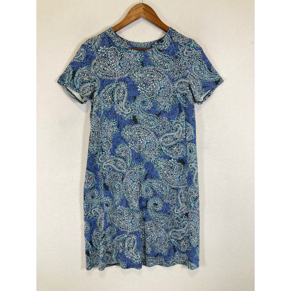Boho J. Jill Women XS Blue Paisley Wearever Knit Short‎ Sleeve Shift Dress